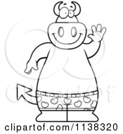 Cartoon Clipart Of An Outlined Big Devil Waving And Wearing Boxers Black And White Vector Coloring Page