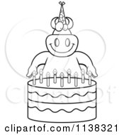 Cartoon Clipart Of An Outlined Devil Making A Wish Over Candles On A Birthday Cake Black And White Vector Coloring Page