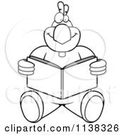 Cartoon Clipart Of An Outlined Chicken Sitting And Reading Black And White Vector Coloring Page