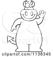 Cartoon Clipart Of An Outlined Big Devil Waving Black And White Vector Coloring Page