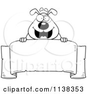 Cartoon Clipart Of An Outlined Dog Over A Banner Black And White Vector Coloring Page