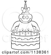 Poster, Art Print Of Outlined Pig Making A Wish Over Candles On A Birthday Cake