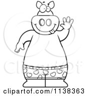 Cartoon Clipart Of An Outlined Happy Pig Waving And Wearing Boxers Black And White Vector Coloring Page by Cory Thoman