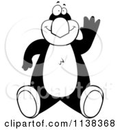 Cartoon Clipart Of An Outlined Penguin Sitting And Waving Black And White Vector Coloring Page