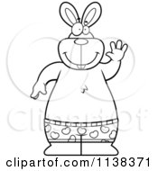 Cartoon Clipart Of An Outlined Happy Rabbit Waving And Wearing Boxers Black And White Vector Coloring Page