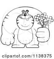 Cartoon Clipart Of An Outlined Buff Tiger Holding Flowers Black And White Vector Coloring Page