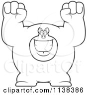 Cartoon Clipart Of An Outlined Excited Buff Pig Cheering Black And White Vector Coloring Page