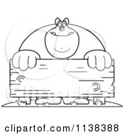 Cartoon Clipart Of An Outlined Buff Pig Behind A Wooden Sign Black And White Vector Coloring Page