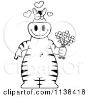 Cartoon Clipart Of An Outlined Amorous Zebra Holding Flowers Black And White Vector Coloring Page