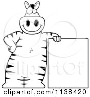 Cartoon Clipart Of An Outlined Zebra Leaning On A Sign Black And White Vector Coloring Page