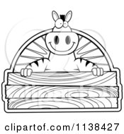 Cartoon Clipart Of An Outlined Zebra Holding A Wood Sign Black And White Vector Coloring Page