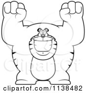 Cartoon Clipart Of An Outlined Excited Buff Tiger Cheering Black And White Vector Coloring Page