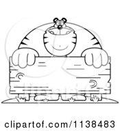 Cartoon Clipart Of An Outlined Buff Tiger Behind A Wooden Sign Black And White Vector Coloring Page