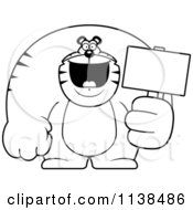 Cartoon Clipart Of An Outlined Buff Tiger Holding A Blank Sign 2 Black And White Vector Coloring Page