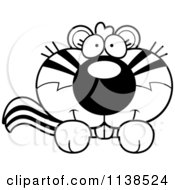 Cartoon Clipart Of An Outlined Cute Chipmunk Peeking Over A Sign Black And White Vector Coloring Page