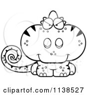 Cartoon Clipart Of An Outlined Cute Sly Chameleon Lizard Black And White Vector Coloring Page