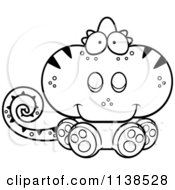 Cartoon Clipart Of An Outlined Cute Sitting Chameleon Lizard Black And White Vector Coloring Page