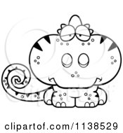 Cartoon Clipart Of An Outlined Cute Depressed Chameleon Lizard Black And White Vector Coloring Page