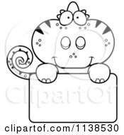 Cartoon Clipart Of An Outlined Cute Chameleon Lizard Over A Sign Black And White Vector Coloring Page