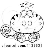 Cartoon Clipart Of An Outlined Cute Sleeping Chameleon Lizard Black And White Vector Coloring Page