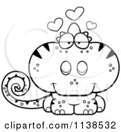 Cartoon Clipart Of An Outlined Cute Amorous Chameleon Lizard Black And White Vector Coloring Page