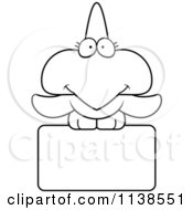 Cartoon Clipart Of An Outlined Cute Pterodactyl Dinosaur Over A Sign Black And White Vector Coloring Page by Cory Thoman