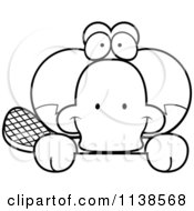 Cartoon Clipart Of An Outlined Cute Happy Platypus Hanging Over A Sign Black And White Vector Coloring Page by Cory Thoman