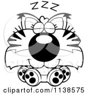 Cartoon Clipart Of An Outlined Cute Sleeping Bobcat Cub Black And White Vector Coloring Page