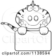Cartoon Clipart Of An Outlined Cute Iguana Lizard Over A Sign Black And White Vector Coloring Page