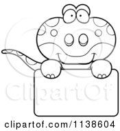 Cartoon Clipart Of An Outlined Cute Gecko Lizard Over A Sign Black And White Vector Coloring Page
