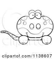 Cartoon Clipart Of An Outlined Cute Gecko Lizard Peeking Over A Sign Black And White Vector Coloring Page