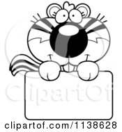 Cartoon Clipart Of An Outlined Cute Chipmunk Over A Sign Black And White Vector Coloring Page
