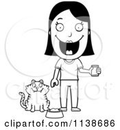 Poster, Art Print Of Black And White Happy Woman Feeding Her Cat