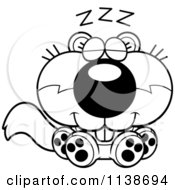 Cartoon Clipart Of A Black And White Cute Sleeping Baby Squirrel Vector Outlined Coloring Page
