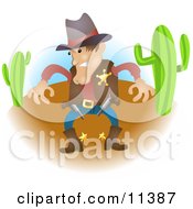 Sheriff Cowboy In Western Wear In A Desert Preparing To Draw His Guns