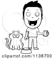 Poster, Art Print Of Black And White Happy Boy Feeding His Cat