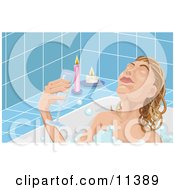 Woman Taking Time To Unwind At The End Of Her Day Soaking In A Relaxing Bubble Bath And Drinking Wine By Candlelight Clipart Illustration