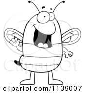 Cartoon Clipart Of A Black And White Chubby Bee Waving Vector Outlined Coloring Page