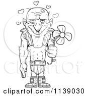 Cartoon Clipart Of A Black And White Tall Romantic Goblin Holding A Flower Under Hearts Vector Outlined Coloring Page