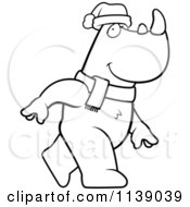 Cartoon Clipart Of A Black And White Walking Christmas Rhino Vector Outlined Coloring Page