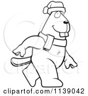 Cartoon Clipart Of A Black And White Walking Christmas Beaver Vector Outlined Coloring Page