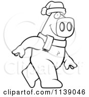 Cartoon Clipart Of A Black And White Walking Christmas Pig Vector Outlined Coloring Page
