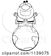 Cartoon Clipart Of A Black And White Bald Super Hero On The Earth Vector Outlined Coloring Page