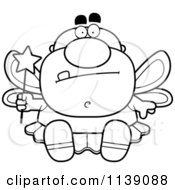 Cartoon Clipart Of A Black And White Sitting Male Tooth Fairy Vector Outlined Coloring Page