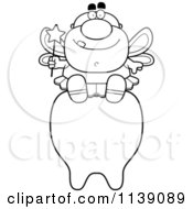 Cartoon Clipart Of A Black And White Male Tooth Fairy Sitting On A Tooth Vector Outlined Coloring Page