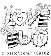 Cartoon Clipart Of Black And White Insect Letters Spelling LOVE BUG Vector Outlined Coloring Page