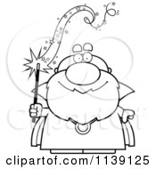 Cartoon Clipart Of A Black And White Bald Wizard Holding A Magic Wand Vector Outlined Coloring Page