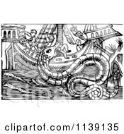 Poster, Art Print Of Black And White Sea Serpent Monster Attacking A Ship
