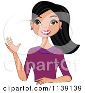 Cartoon Of A Beautiful Friendly Black Haired Woman Waving Royalty Free Vector Clipart