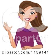 Cartoon Of A Beautiful Friendly Brunette Woman Waving Royalty Free Vector Clipart